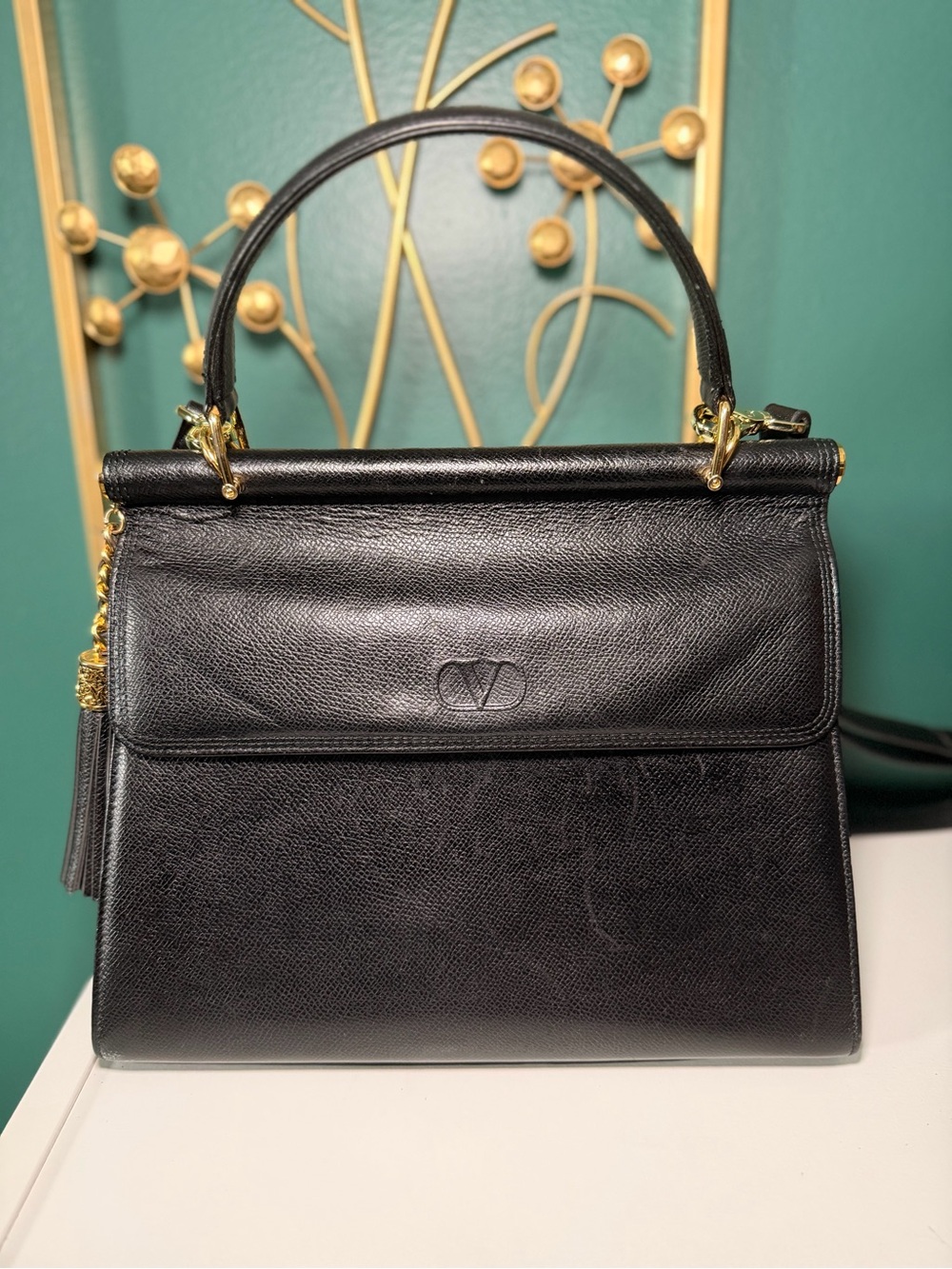 Vintage Valentino Garavani Black Leather Top-Handle Satchel